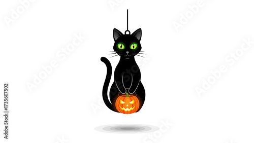 Black Cat with Halloween Pumpkin: A stylized illustration of a sleek black cat with glowing green eyes, holding a carved pumpkin, embodying the spirit of Halloween.