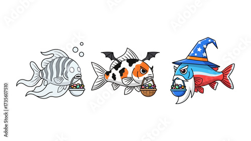 Whimsical Sea Creatures : A collection of fanciful marine characters, each uniquely designed and crafted, holding miniature baskets filled with seasonal treats, set against a simple backdrop.