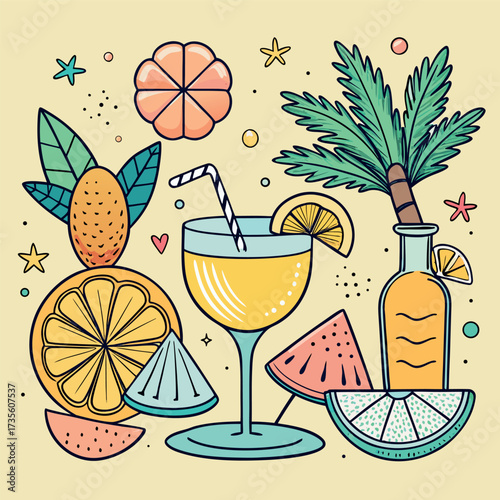 Colorful doodle illustration of tropical drinks, citrus fruits, palm leaves, and summer vibes