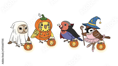 Halloween Birds' Parade: A charming gathering of birds in festive Halloween costumes, each holding a flickering lantern, radiating the joy of celebration and the thrill of the season.