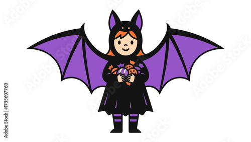 Child in a Bat Costume: A cheerful child, dressed in a whimsical bat costume, clutches a handful of treats, embodying the playful spirit of Halloween.