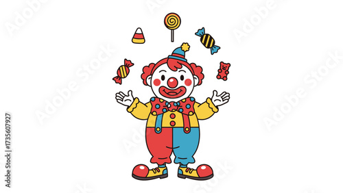 Playful Clown Juggling Candy: A whimsical illustration captures a cheerful clown mid-act, delighting with his juggling skills and colorful display of candy. A captivating scene for celebrations!