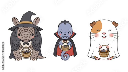 Halloween Cartoon Trio: A whimsical illustration of three adorable cartoon characters in Halloween costumes, a fantasy creation bringing festive fun and childlike imagination.