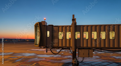 Jet bridge stands ready at the airport gate as the sun sets, casting a warm glow on the tarmac and creating a sense of anticipation for upcoming travels.