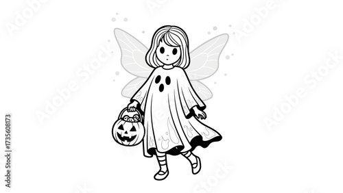 Halloween Fairy in Costume: A whimsical illustration of a young fairy dressed in a ghost costume holding a Jack-o'-lantern basket, perfect for Halloween themed projects. 