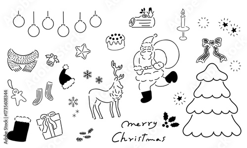 メリークリスマス！手書きイラストセット,ベクター 線画｜Merry Christmas!_Hand-Drawn Vector Illustration Set_Line Art
