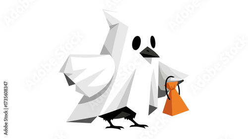Halloween Bird Illustration: A whimsical illustration of a bird dressed in a ghost costume, complete with a trick-or-treat bucket, perfectly embodying the spirit of Halloween.