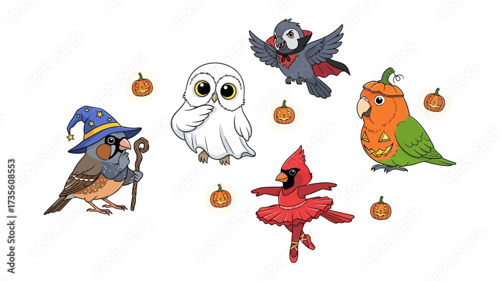 Fototapeta premium Halloween Birdy Crew: A collection of adorable avian characters, each dressed in charming Halloween costumes, surrounded by playful pumpkins, creating a festive and whimsical seasonal scene.