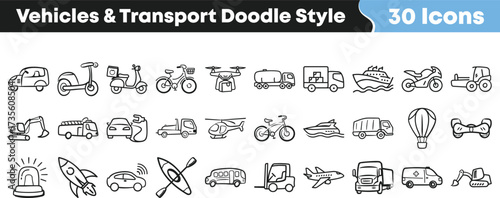 Vehicles and transport doodle icons set with car bus truck bike scooter motorcycle ship plane drone rocket helicopter hand drawn collection