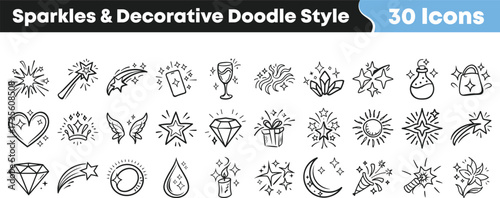 Sparkles and decorative doodle icons set with star diamond crystal magic wand gift crown moon flower light hand drawn elements
