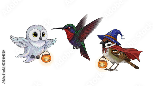 Enchanting Avian Gathering: A whimsical illustration showcases three charming birds, each adorned with festive Halloween attire, celebrating the spooky season with adorable delight.