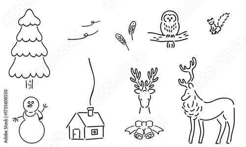 冬の風景の中_トナカイ,フクロウ,リス_手書きイラスト,ベクター_線画｜Winter Scene with Reindeer, Owl, Squirrel_Hand-Drawn Vector_Line Art
