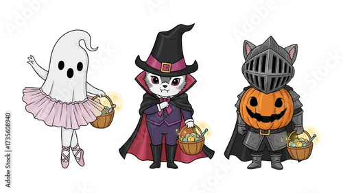 Halloween Trio in Delightful Costume: A charming ensemble of playful characters donned in enchanting Halloween attire, exuding an air of joyous fun and fantasy.