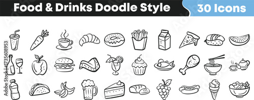 Hand drawn food and drinks doodle icon set with meal snack beverage dessert restaurant sketch style illustration