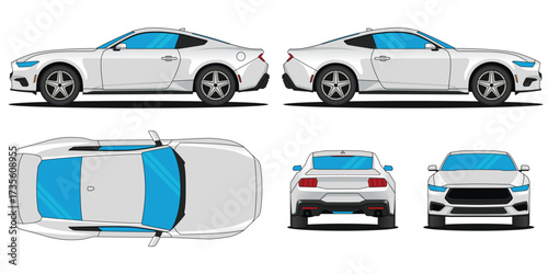Muscle car vector. Car mockup vector isolated on white background. With side, front, rear, top views