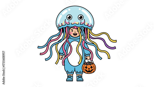 Joyful Jellyfish: An adorable child radiates joy in a vibrant jellyfish costume, holding a jack-o'-lantern bucket, capturing the spirit of Halloween.