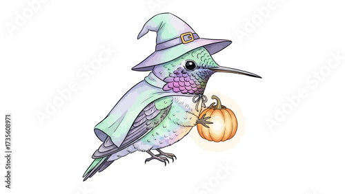 Whimsical Hummingbird Wizard: A whimsical hummingbird, donning a wizard's hat and cloak, clutches a glowing pumpkin in this enchanting illustration. Capturing the spirit of Halloween and magic.