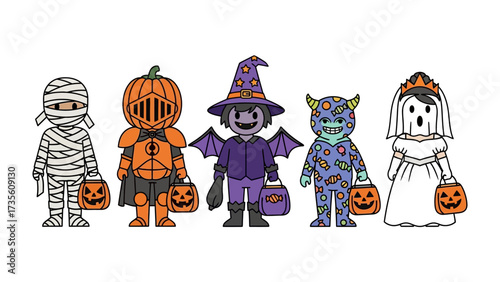 Halloween Costume Parade: A delightful lineup of children in festive Halloween costumes, each bearing a jack-o'-lantern treat bag, exuding the joyous spirit of the holiday.