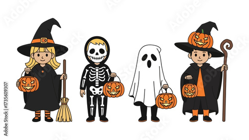 Halloween Costume Parade: A delightful procession of children dressed in classic Halloween costumes, each carrying a carved pumpkin, capturing the spooky charm and excitement of the holiday.