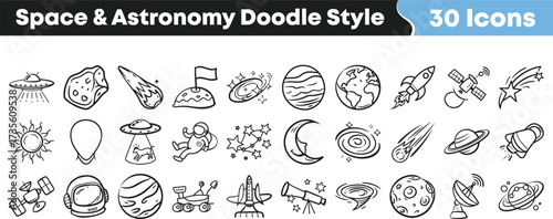 Space and astronomy doodle icons set with planet galaxy astronaut rocket telescope moon star satellite comet and universe elements