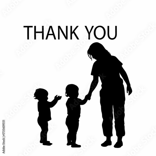 Silhouette of caregiver teaching toddlers to say thank you isolated on white background