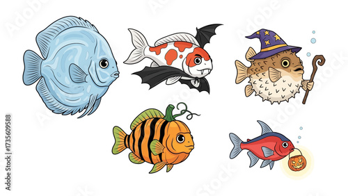 Whimsical Aquatic Friends: A collection of enchanting cartoon fish characters with unique styles, ready to bring delight and character to any project.
