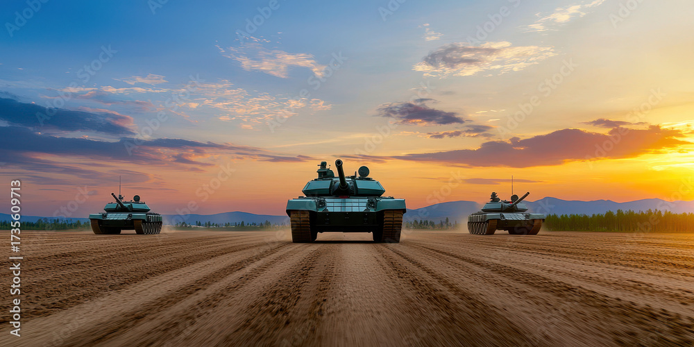 Fototapeta premium Military tanks advance across sandy terrain during sunset, showcasing powerful display of strength and determination