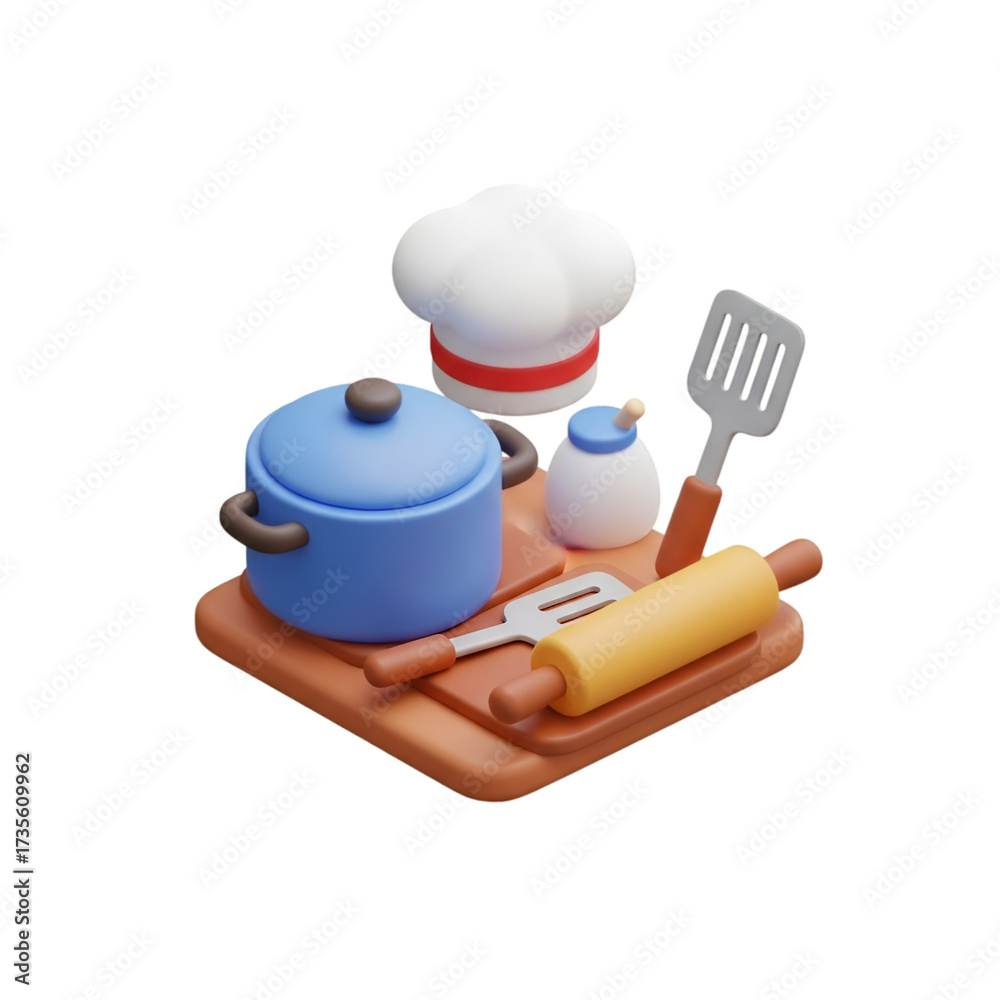 Fototapeta premium Chefs tools and hat on a cutting board isolated on transparent background