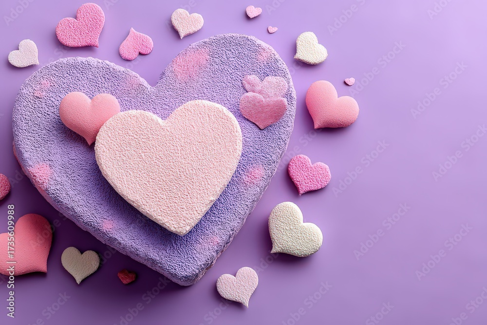 Obraz premium Colorful textured hearts scattered across a soft purple backdrop creating a playful and cheerful Valentine's theme showcasing love and affection in a charming artistic display