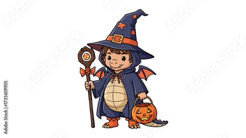 A Little Wizard: A cute illustration showcases a young boy in a vibrant wizard costume with a festive pumpkin lantern, ready for Halloween trick-or-treating. 
