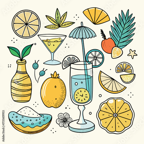 Colorful doodle illustration of tropical drinks, citrus fruits, palm leaves, and summer vibes