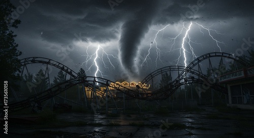 Dramatic storm scene with powerful tornado and lightning over amusement park