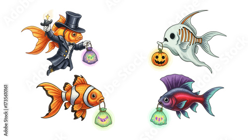 Spooky Halloween Fish: An illustrated array of whimsical fish, each dressed in creative costumes for a festive Halloween celebration. These delightful creatures hold treat bags.