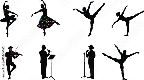 Dance silhouettes, ballet poses, violinist, singer with microphone, performing arts, stage expression, music and dance, artistic movement, cultural performance, vector illustration