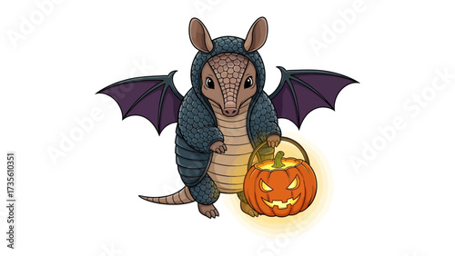 Halloween Armadillo: A cartoon illustration of a cute armadillo dressed in a costume. with a Halloween lantern, ready for some spooky fun!