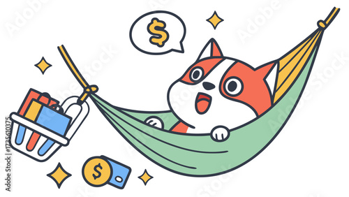 Surprised Shiba inu with in a hammock, set in a charming Black Friday / Cyber Monday theme – Shopping Spree color vector art