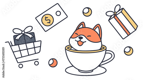 An adorable Shiba inu with a Sleepy vibe, sitting in a teacup ride, and a Shopping Spree Black Friday / Cyber Monday theme – SVG style