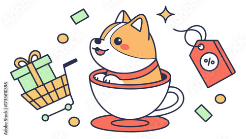 Delightful Funny Shiba inu in a Black Friday / Cyber Monday scene with in a teacup – Shopping Spree vector illustration