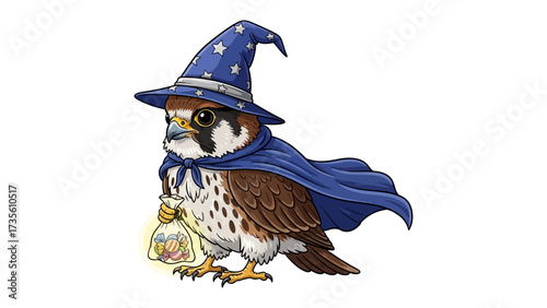 Magic Bird: A charming illustration of an adorable bird dressed as a wizard, complete with a starry hat, cape, and a bag of candies, conjuring a sense of wonder.