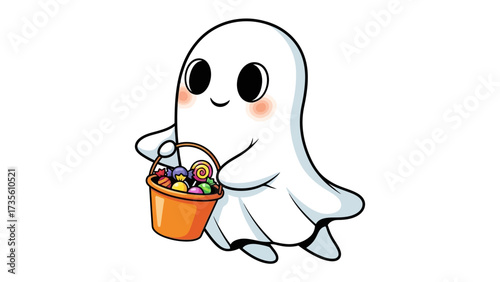 A Friendly Ghost With a Treat: A cheerful cartoon ghost, bearing a vibrant orange bucket filled with colorful sweets. It's a perfect symbol of a whimsical Halloween spirit.