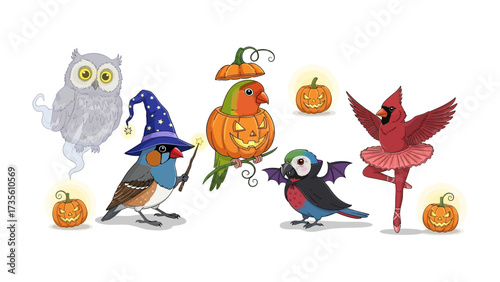 Whimsical Halloween Bird Assemblage: A charming array of creatively adorned birds, each with unique Halloween attire, brings a cheerful celebration of the spooky season.