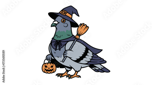 Halloween Pigeon: A charming illustration showcases a pigeon embracing the spirit of Halloween, adorned in a witch hat and cape, clutching a pumpkin-shaped candy carrier and a broom.