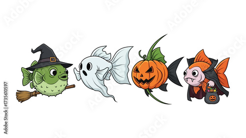 Whimsical Halloween Fish Parade: An imaginative illustration depicts a cheerful underwater Halloween scene with four adorable fish, each costumed as a classic spooky character.