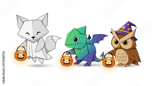 Halloween Origami Trio: A delightful trio of origami creatures, dressed in festive Halloween costumes, each holding a glowing jack-o'-lantern, capturing the charm and fantasy of the season.