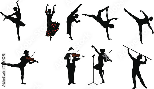 Dance silhouettes, musical performance, ballet, flamenco, breakdance, violinist, wind instrument, cultural art, stage expression, artistic movement, music and dance