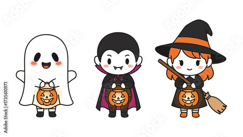 Halloween Crew: A charming trio of Halloween characters, a ghost, a vampire, and a witch, gleefully prepared for their spooky night of trick-or-treating, each cradling a festive Jack-o'-lantern. 