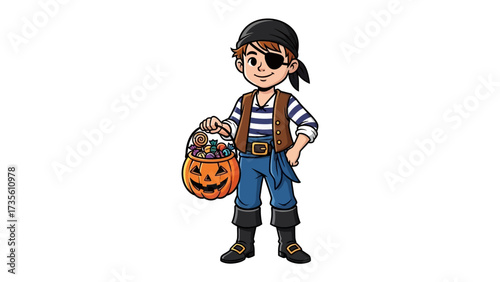 The Young Pirate’s Loot: A charming illustration of a young boy dressed as a pirate, clutching a pumpkin-shaped candy bag filled with Halloween treasures.