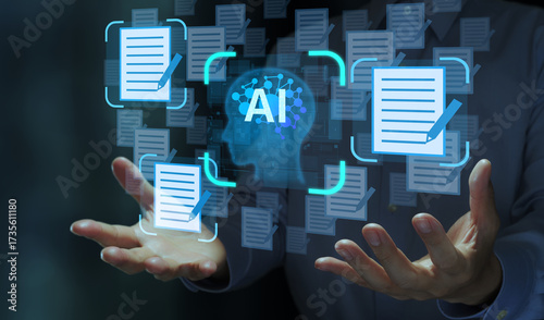 AI-powered document generation. Automatic summarization. Generative AI for proofreading and editing. Businessperson holding an artificial intelligence icon.