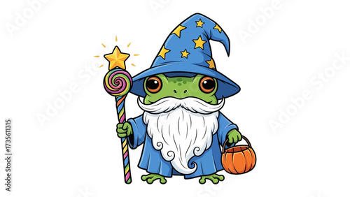 Wizard Frog's Magic: This whimsical illustration depicts a charming wizard frog, complete with a pointy hat, a star-topped wand, and a long, flowing beard.