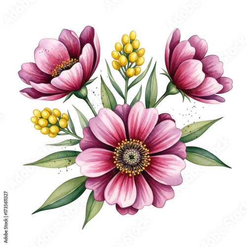 Delicate pink peony and anemone floral arrangement delicate watercolor botanical art